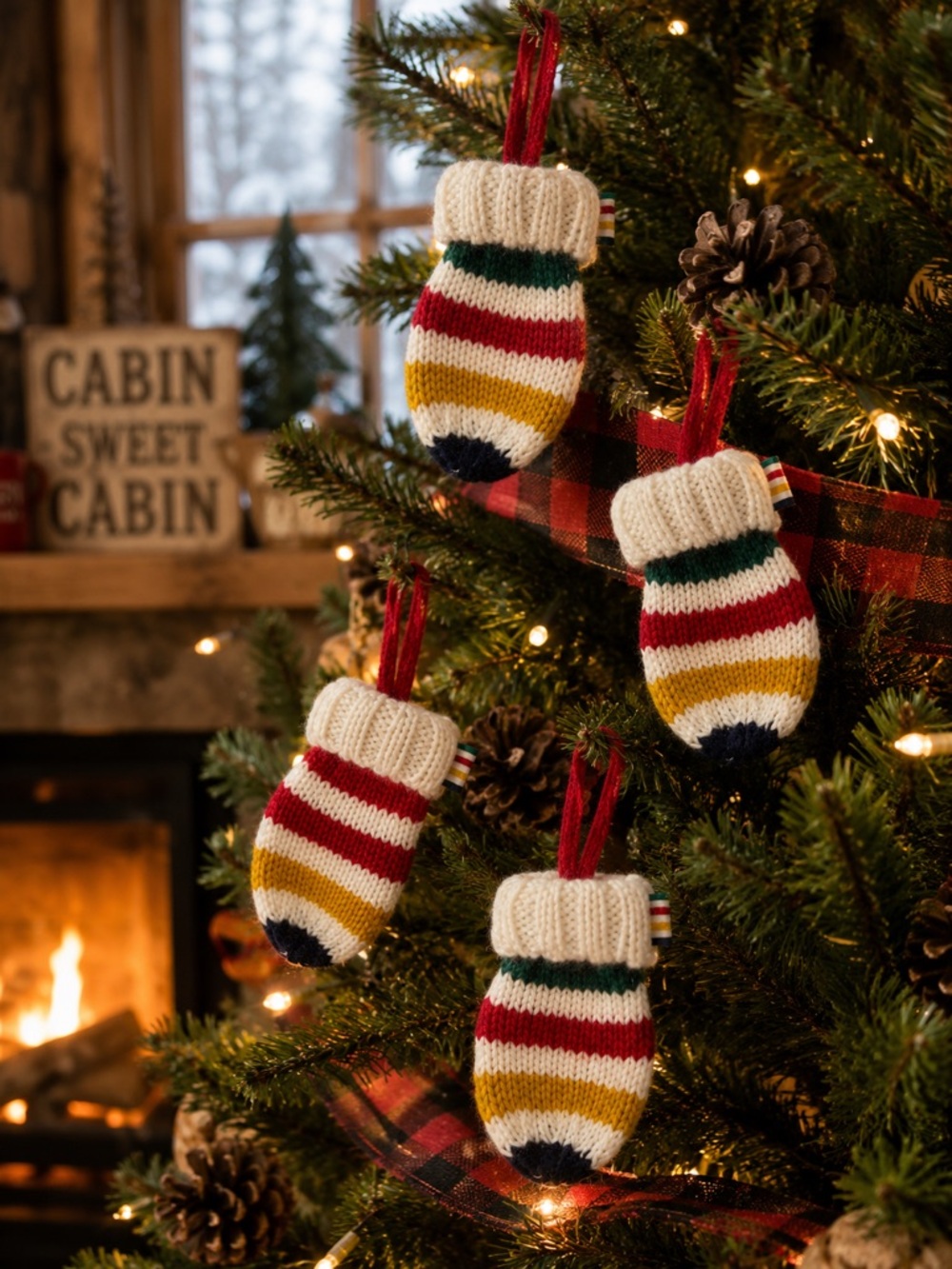 HBC Stripes Knit Mitten Christmas Ornaments Set of 4 NWT Cabin Decor
